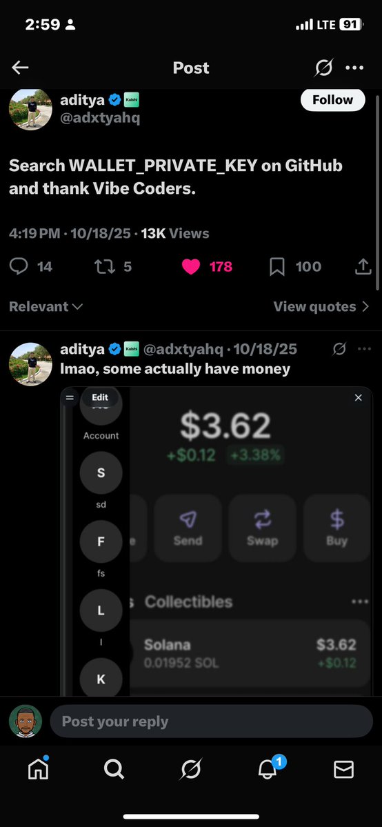 AHorlaplusone's tweet image. While trying to deploy some code today, mistakenly made them public and it got hacked possibly by @adxtyahq and his cohorts 

He’s an affiliate at @Kalshi 
And also a member @SuperteamIN 

He and his cohorts are stealing keys from GitHub repos, vibe coders out there be careful.…