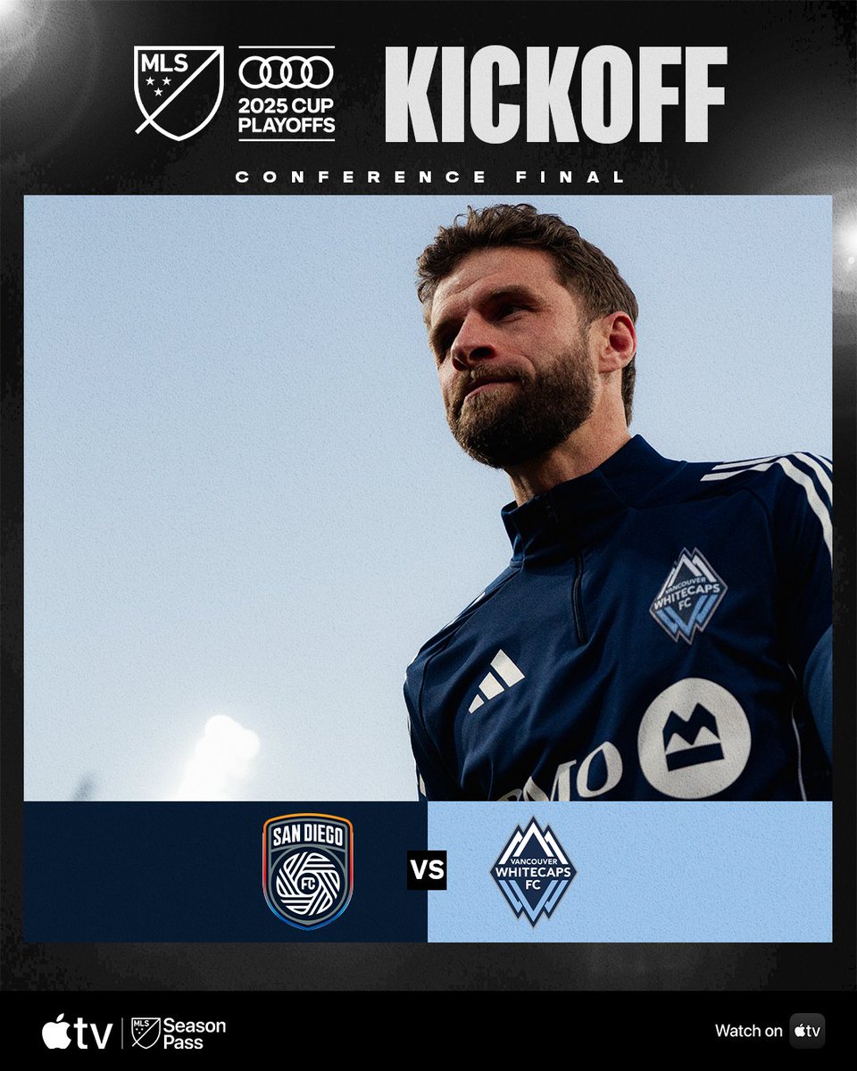 MLS's tweet image. No. 1 vs. No. 2 in the Western Conference Final. 🥊

@sandiegofc and @WhitecapsFC kick off NOW on Apple TV: apple.co/43Q80KW // Audi MLS Cup Playoffs
