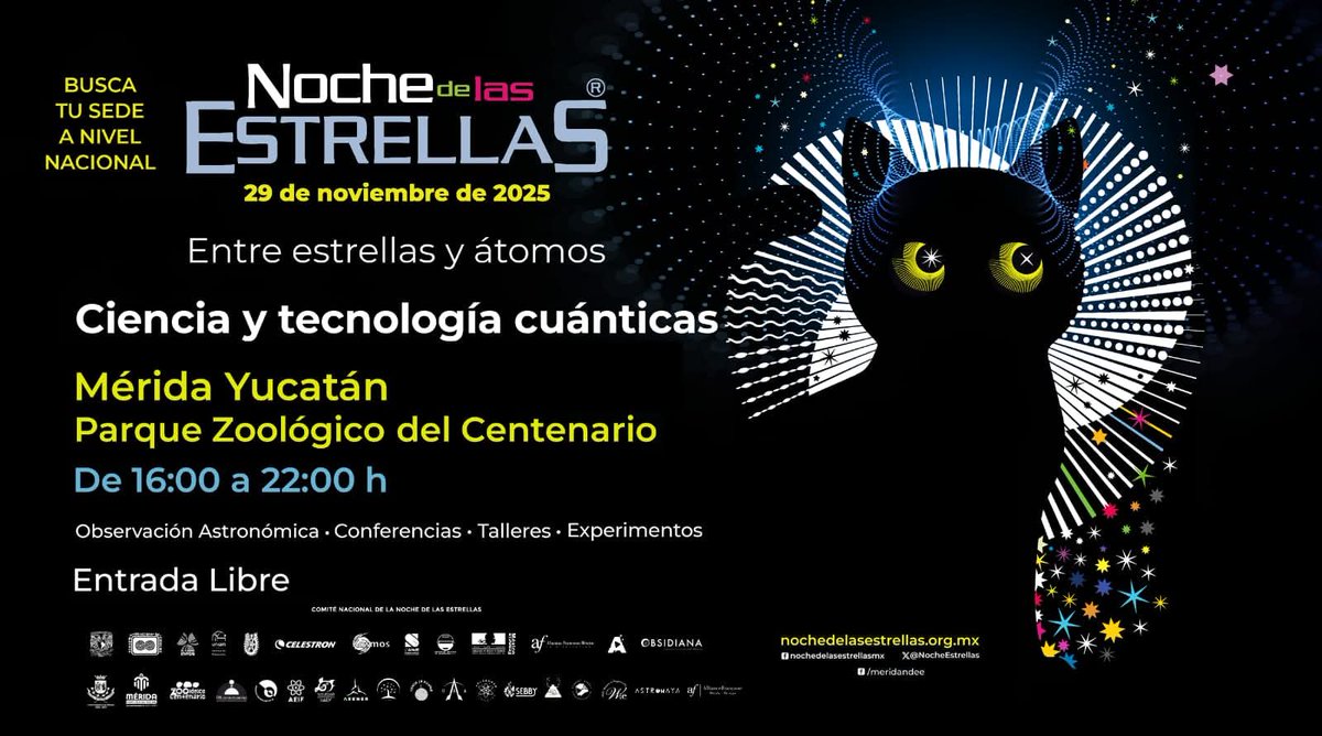 ⭐ES HOY SÁBADO 29 DE NOVIEMBRE! ⭐ 🎟Entrada libre ⏰De 16hrs a 22hrs 📍Parque Zoológico Centenario

#Yucatán #Mérida #Estrellas #telescopio #Charlas #Talleres #NocheDeEstrellas #Estrellas #Atomos #ciencia #Universo #Maya #CulturaMaya #conferencias #Juegos #actividades
