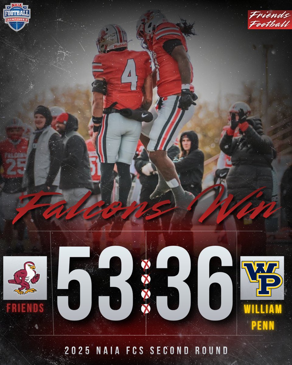 FriendsFalcons's tweet image. FOOTBALL - The No. 4 Falcons secure the 53-36 win over No. 13 William Penn to advance to the NAIA FCS Quarterfinals! The Falcons quarterfinal opponent will be announced by the NAIA later tonight.

Offensive Player of the Game:
K. Baker — 86 rushing yards, 3 rushing TDs, 1 passing…