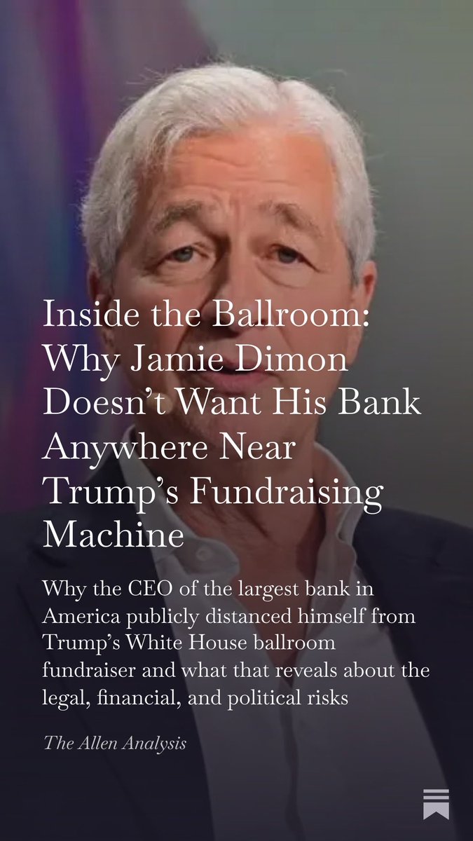 allenanalysis's tweet image. BREAKING: JPMorgan CEO Jamie Dimon just publicly confirmed why his bank refused to donate to Trump’s new White House ballroom.

He said the quiet part out loud.

Companies are afraid the next DOJ will view Trump’s fundraising machine as “buying favors.”

And when you read the…