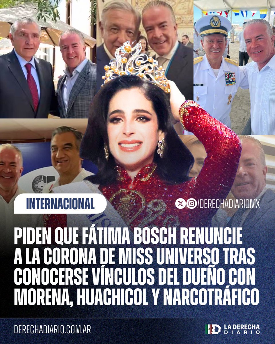 DerechaDiarioMX's tweet image. 🌎🇲🇽| SI TIENE DECENCIA, QUE LA REGRESE: Periodistas y exjueces de Miss Universo han pedido que Fátima Bosch renuncie a la corona como un acto de decencia, tras conocerse vínculos del dueño Rocha Cantú con el narcopartido Morena y actividades de huachicol y contrabando de armas.