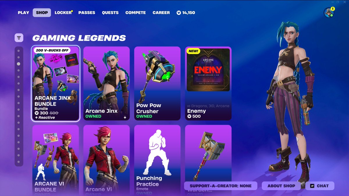 LISA Bundle - 2,500 V-Bucks

Jinx Bundle  - 1,800 V-Bucks
Vi Bundle  - 1,800 V-Bucks