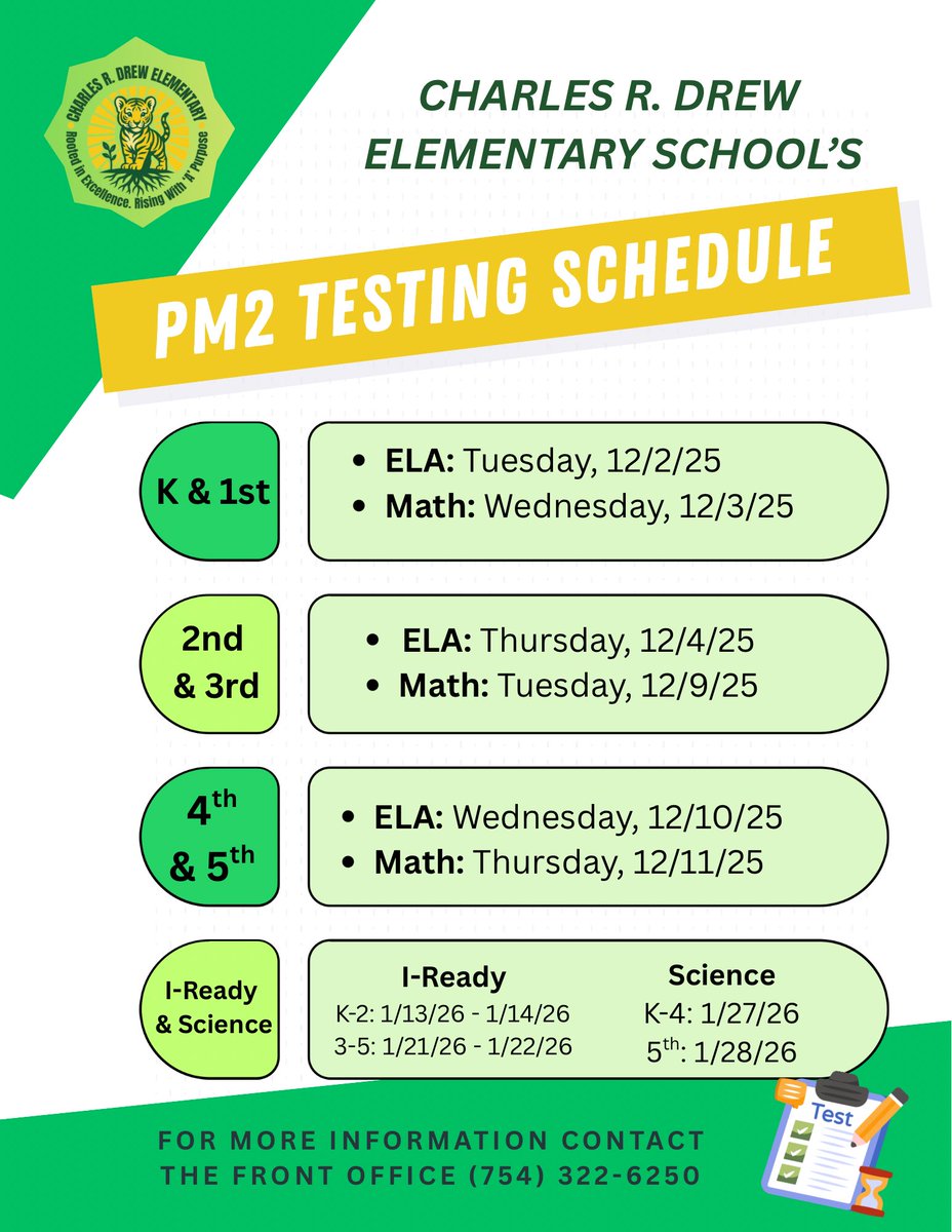 CharlesDrewElem's tweet photo. PM2 Testing begins soon! ✏️
Our Tigers are prepared and ready to shine. Full schedule below. 💛🐅
#RiseWithPurpose https://t.co/3qq9WmobSi