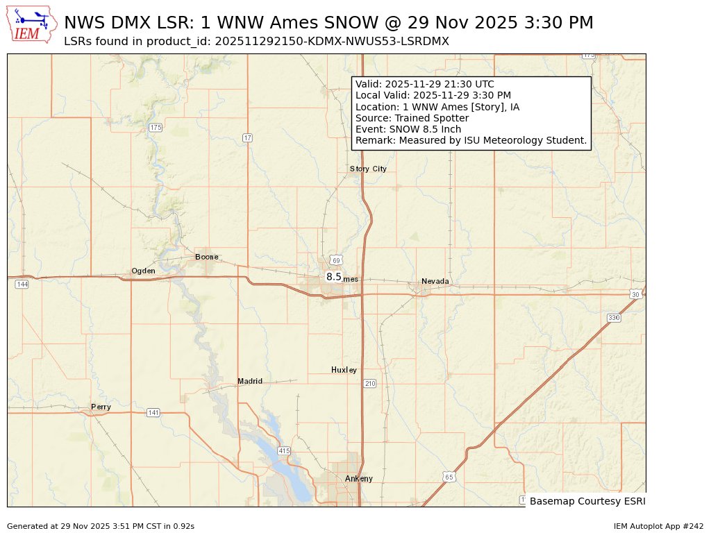 MidwestWeather3's tweet image. At 3:30 PM CST, 1 WNW Ames [Story Co, IA] Trained Spotter reports Snow of 8.50 Inch. Measured by ISU Meteorology Student. #iawx mesonet.agron.iastate.edu/lsr/?by=wfo&amp;amp;wf…
