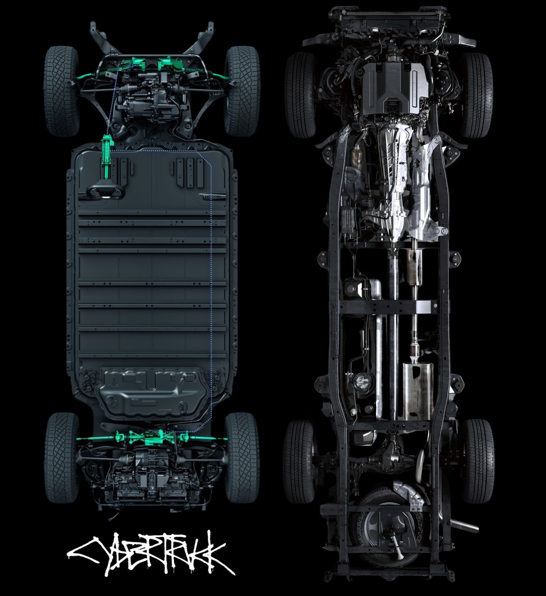 Cybertruck is a pickup truck that has been reinvented.

• Gigacast front &amp; rear underbody castings
• Structural battery pack (integrated into body)
• Steer-by-wire (no mechanical linkage) + rear-wheel steering up to 10°
• 4680-type structural pack (123 kWh) 
• Tri-motor