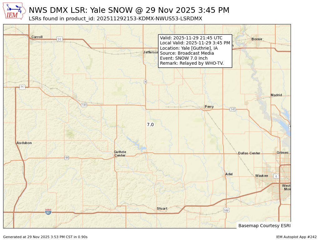 MidwestWeather3's tweet image. At 3:45 PM CST, Yale [Guthrie Co, IA] Broadcast Media reports Snow of 7.00 Inch. Relayed by WHO-TV. #iawx mesonet.agron.iastate.edu/lsr/?by=wfo&amp;amp;wf…