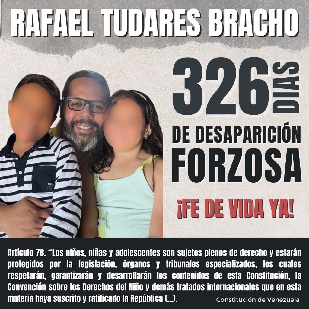 MarianaGTudares's tweet image. 326 días sin mi esposo Rafael Tudares Bracho.

¿Dónde quedan los derechos humanos de nuestros dos niños? A ellos se les está violando el derecho a estar y compartir con su papá en casa y en familia. 

Reitero, Rafael es un hombre inocente, noble y trabajador. Exijo su libertad.