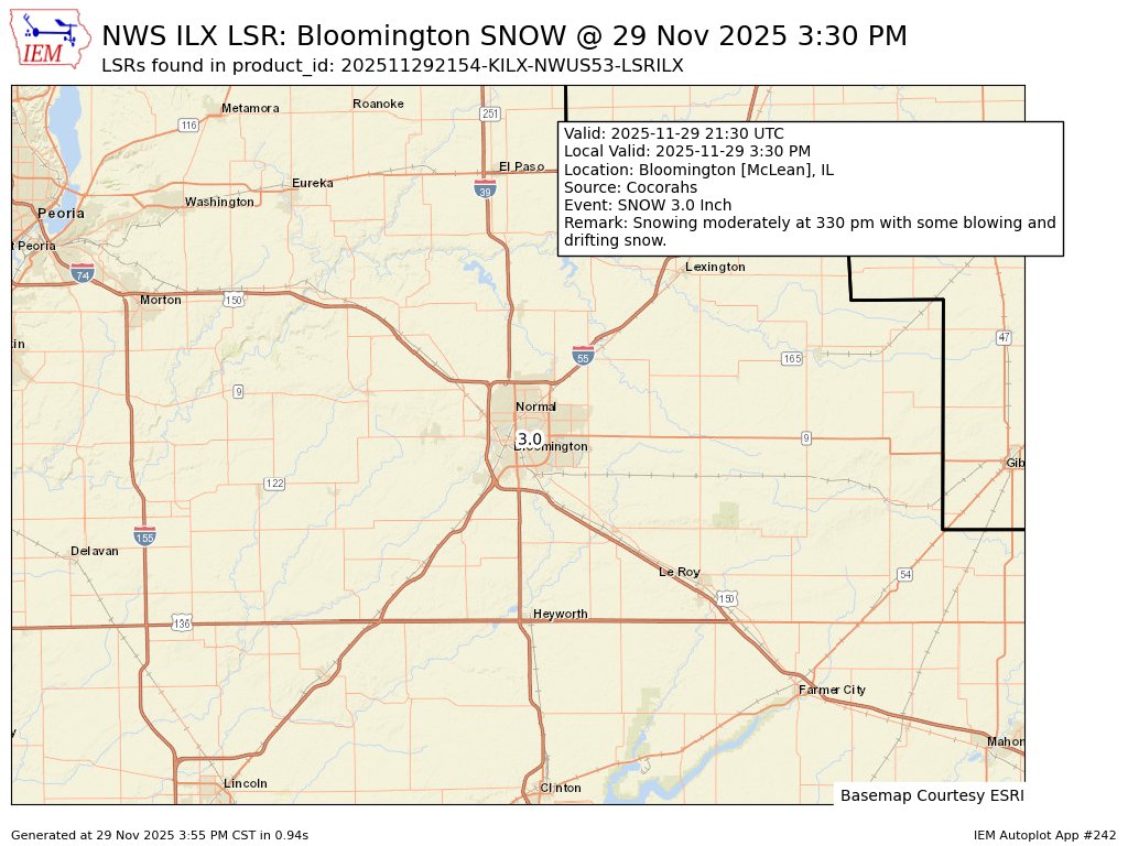 MidwestWeather3's tweet image. At 3:30 PM CST, Bloomington [Mclean Co, IL] Cocorahs reports Snow of 3.00 Inch. Snowing moderately at 330 pm with some blowing and drifting snow. #ilwx mesonet.agron.iastate.edu/lsr/?by=wfo&amp;amp;wf…