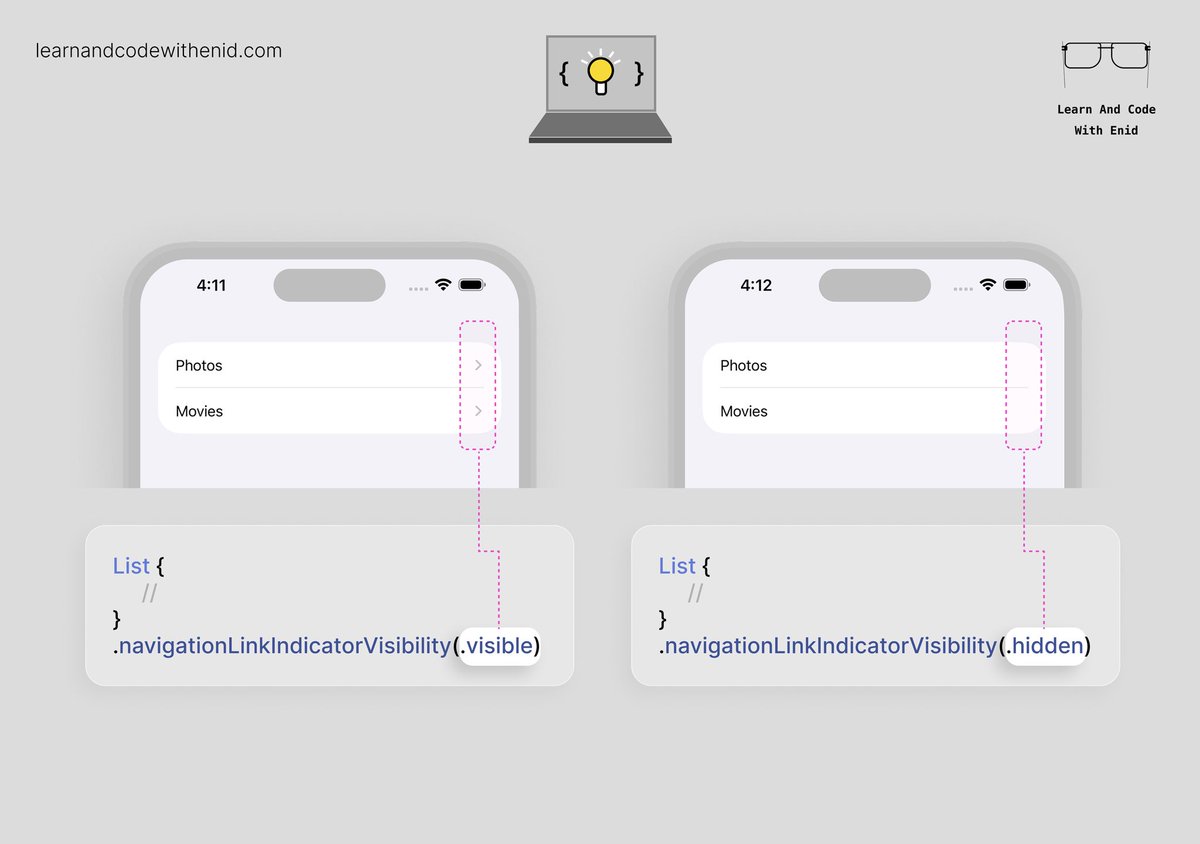 ios_dev_alb's tweet image. SwiftUI Tip 💡

In iOS 17.0+, use navigationLinkIndicatorVisibility() to control whether a NavigationLink shows its disclosure indicator.

Perfect for cleaner lists, or when you want full control over row styling.

→ learnandcodewithenid.com
