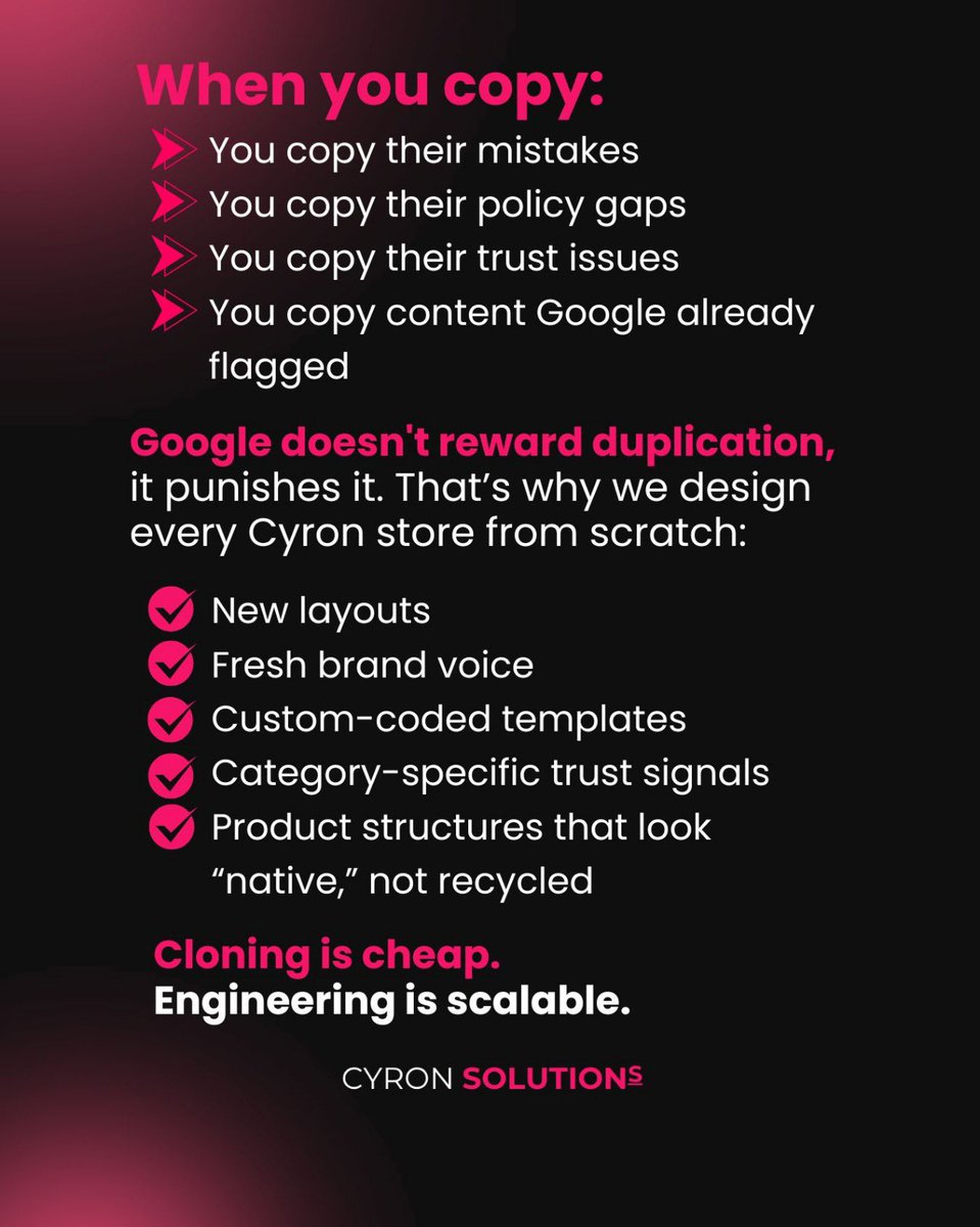 CyronSolutions's tweet photo. Copying a competitor doesn’t make you “smart.”
It makes you suspended.

Google punishes duplication.
We build brands from scratch unique, compliant, scalable.

→ https://t.co/pLswHeXwWO https://t.co/lsWdt6zCEG