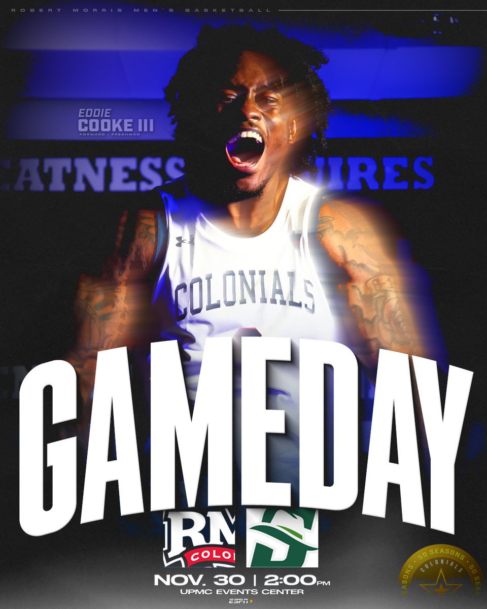 It’s 𝗚𝗔𝗠𝗘𝗗𝗔𝗬‼️
🆚: Stetson
🏆: Urban Bennett-Invitational
🏟️: <a href="/UPMCEventsCtr/">UPMC Events Center</a>
📍: Moon Township, Pa.
 🕑: 2 p.m.
🗣️: <a href="/chrisshovlin/">Chris Shovlin</a> | <a href="/colonialsradio/">RMU Colonials Radio & ESPN+</a>
📻: stream.radio.co/s521a8e223/lis…
💻: espn.com/watch/player/_…
📊: bit.ly/RMUMBBStats
🎟️: bit.ly/RMUMBBTix
#⃣: #GRIT