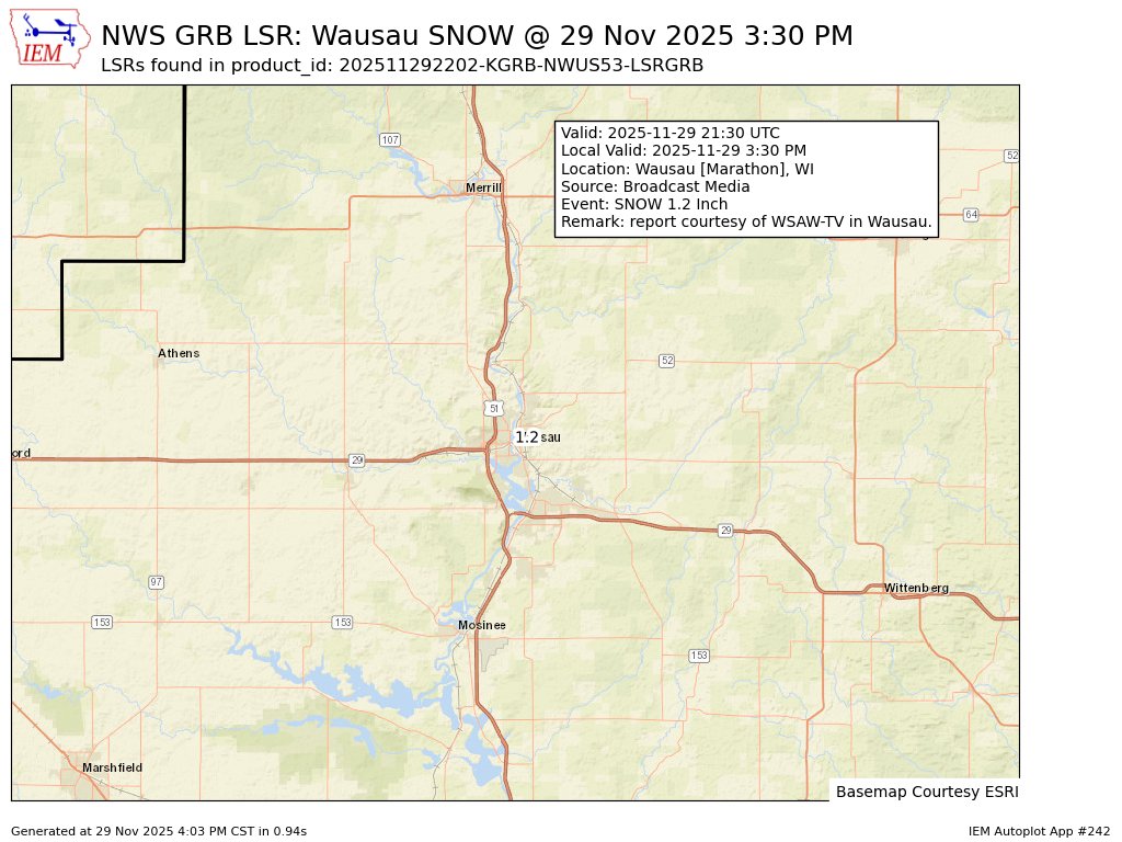 MidwestWeather3's tweet image. At 3:30 PM CST, Wausau [Marathon Co, WI] Broadcast Media reports Snow of 1.20 Inch. report courtesy of WSAW-TV in Wausau. #wiwx mesonet.agron.iastate.edu/lsr/?by=wfo&amp;amp;wf…