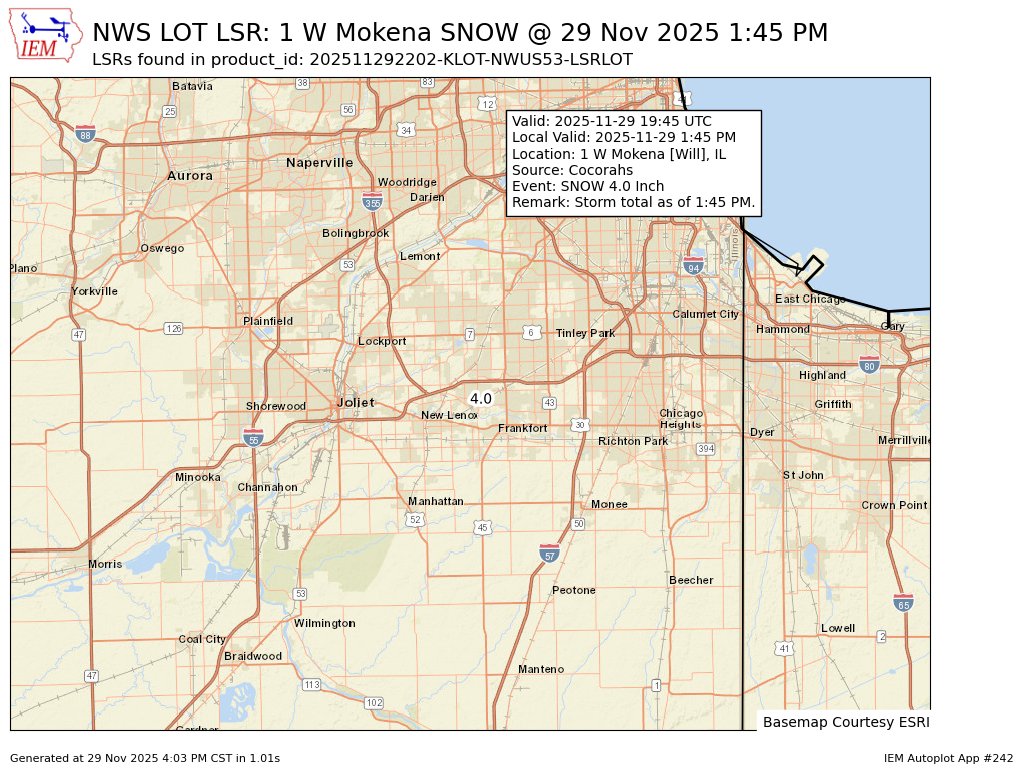 MidwestWeather3's tweet image. At 1:45 PM CST, 1 W Mokena [Will Co, IL] Cocorahs reports Snow of 4.00 Inch. Storm total as of 1:45 PM. #ilwx mesonet.agron.iastate.edu/lsr/?by=wfo&amp;amp;wf…