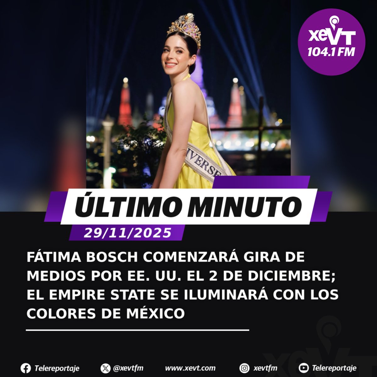 #ÚltimoMinuto ✨Fátima Bosch comenzará gira de medios por #EEUU el 2 de diciembre; el Empire State se iluminará con los colores de México