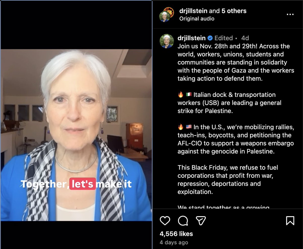 PushDemsLeft's tweet photo. Good idea, let's check in -

Looks like Jill Stein is still helping organize strikes and protests to end gen*cide.

What's Kamala up to? https://t.co/2agw7pzXSa