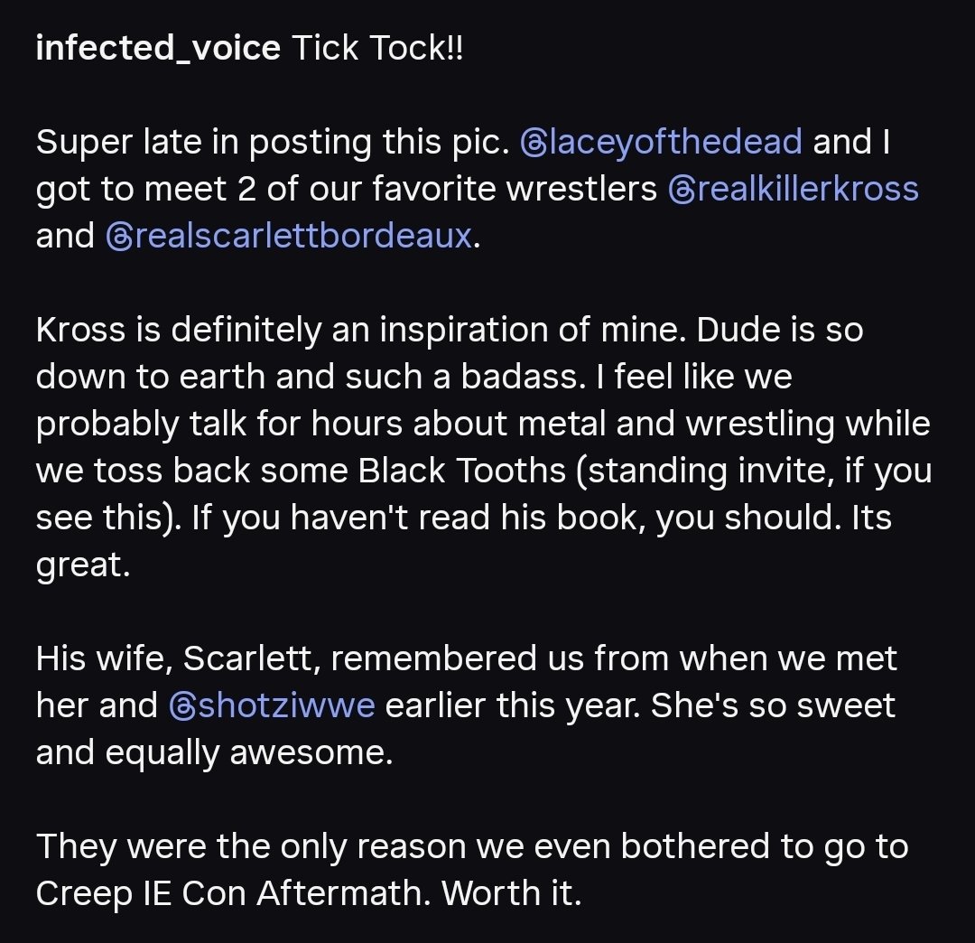 InfectedVox's tweet photo. Tick Tock!!
Super late in posting this pic. @laceyofthedead and I got to meet 2 of our fav wrestlers @realKILLERkross and @Lady_Scarlett13.
#WeWantKross #WeWantKrossAndScarlett #KillerKross #LadyScarlett #GoodSolider #KrossArmy #Metal #MetalHeads #LaceyOfTheDead #InfectedVoice https://t.co/9ra8Qs73uB
