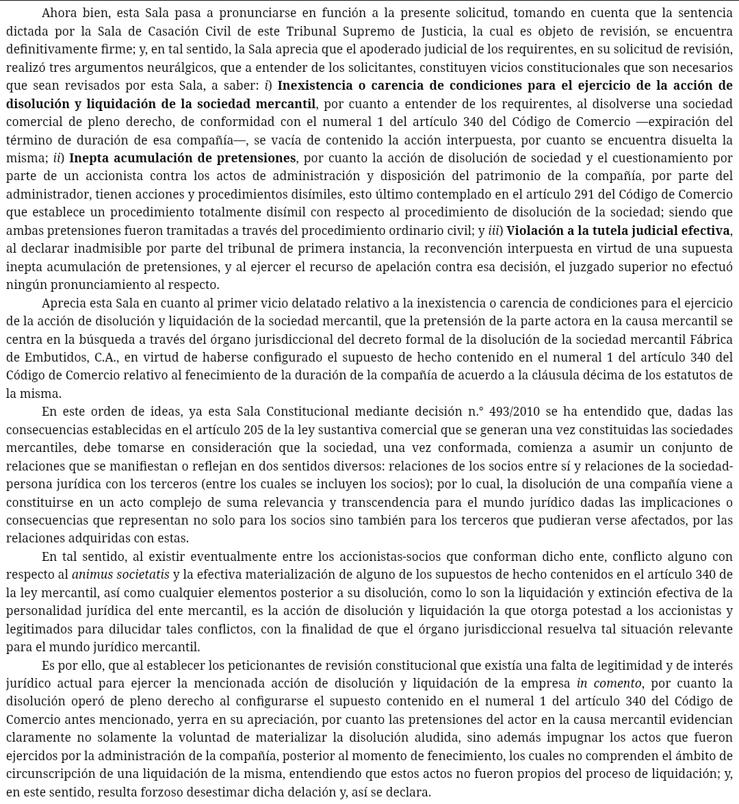 Sentencia N° 0883 del 11/06/2025 Sala Constitucional <a href="/TSJ_Venezuela/">TSJ Venezuela</a>
La acción de disolución y liquidación otorga potestad a los accionistas y legitimados para dilucidar conflictos con respecto al animus societatis y algunos de los supuestos Art. 340 CCom
historico.tsj.gob.ve/decisiones/sco…