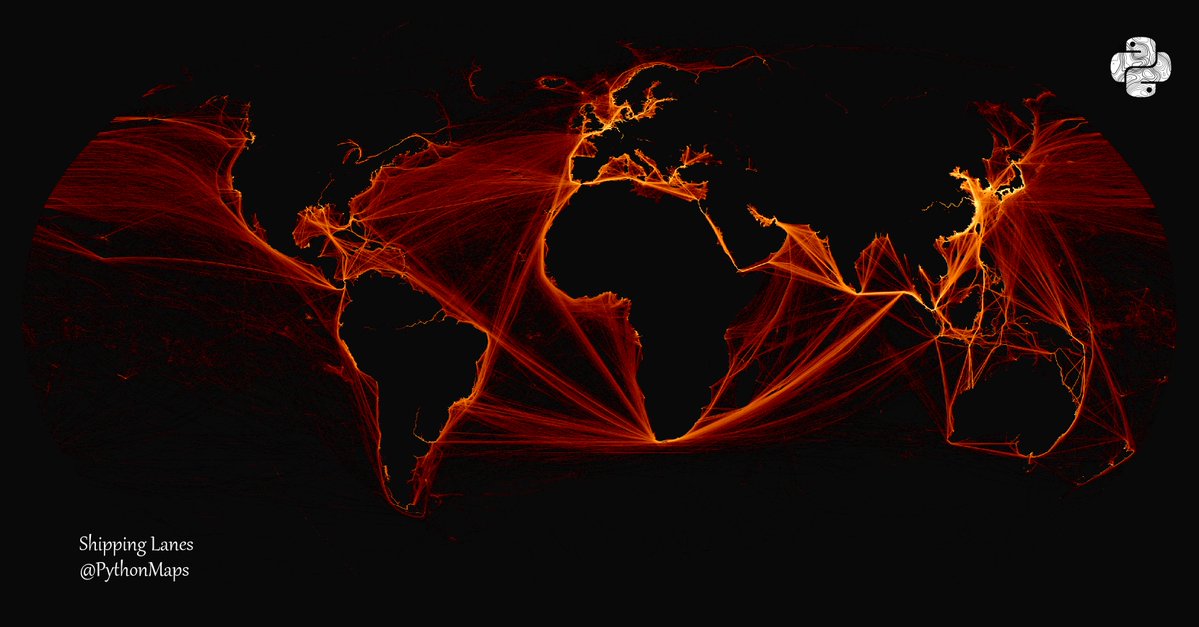 PythonMaps's tweet image. Day 26 of the #30DayMapChallenge - Transport - Shipping Lanes.
