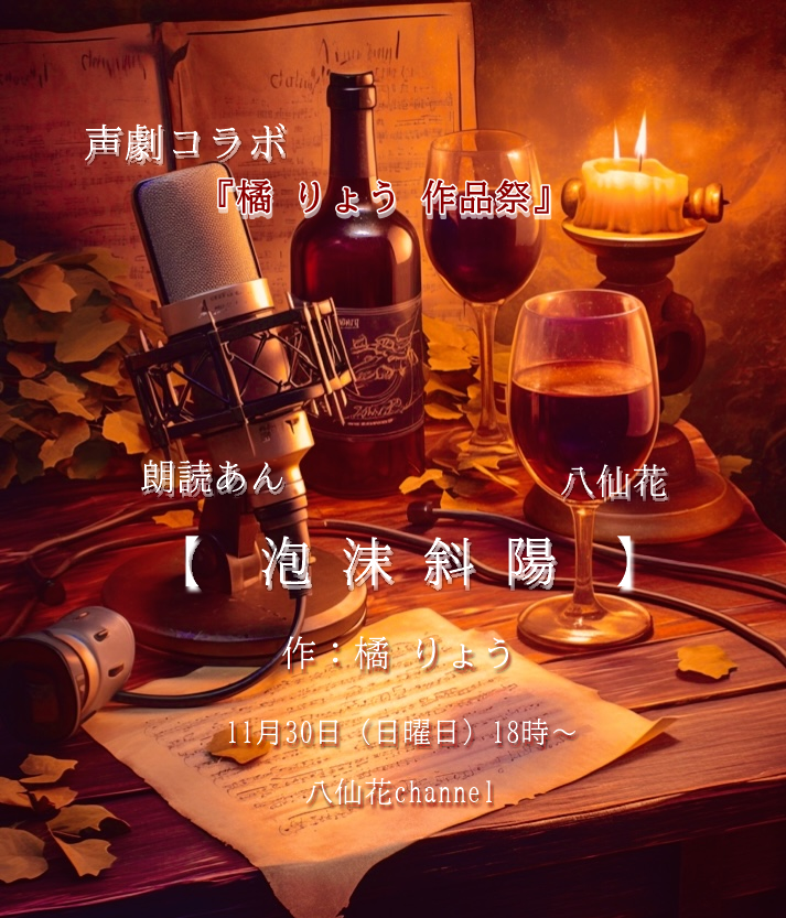 本日18時より
朗読あんさんと声劇コラボ🎙️

【泡沫斜陽】 作:橘りょう 様

『橘りょう作品祭』ギリギリセーフ🍀
初めての泡沫斜陽🫧心を込めて…

素敵な台本をありがとうございます🥹🙏

橘りょう さん <a href="/tachibana390/">橘りょう</a>
朗読あん さん <a href="/anne2525smile7/">📖あん🌹</a>