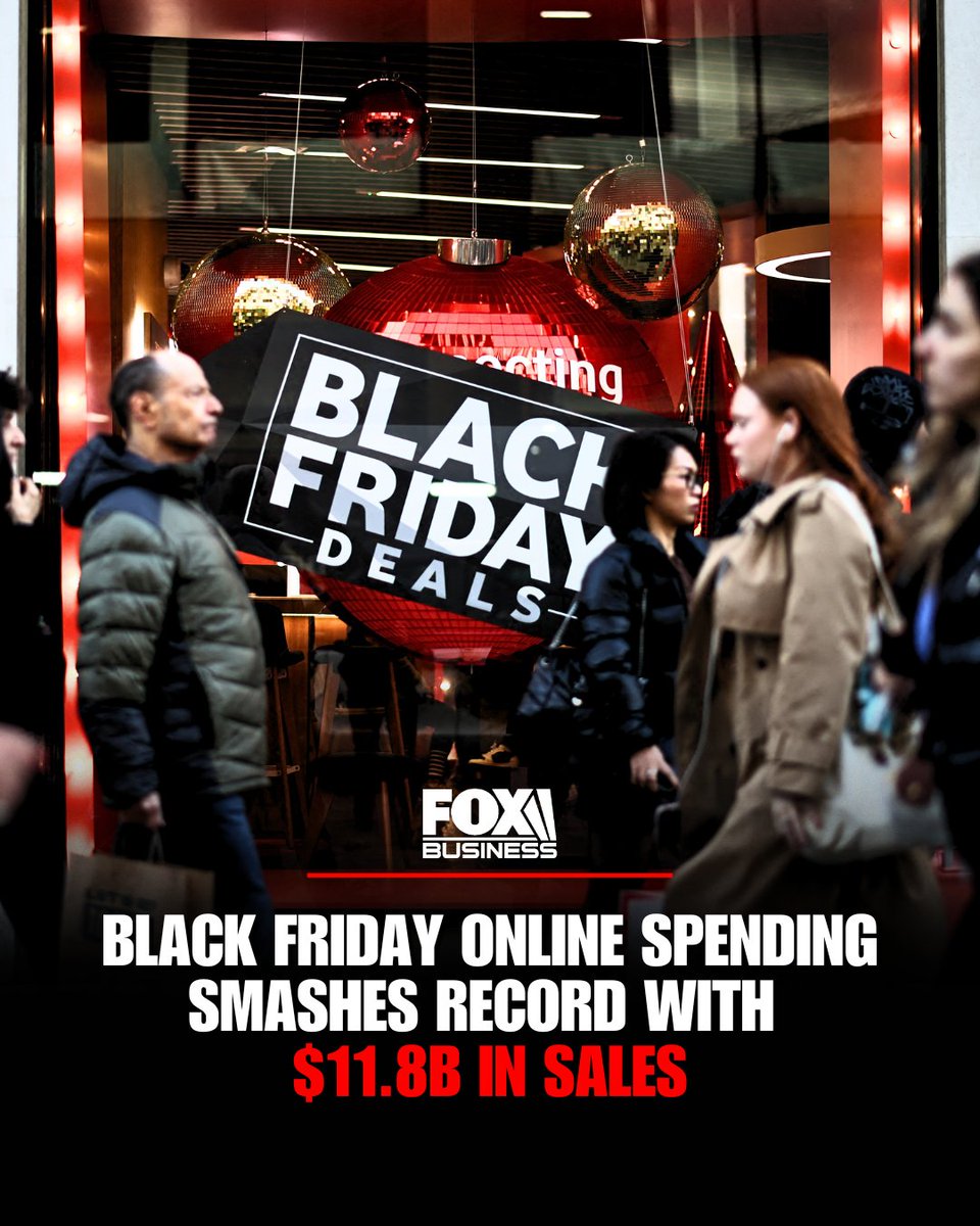 FoxNews's tweet photo. TECH THE HALLS: American shoppers spent a record $11.8 billion online this Black Friday, a 9.1% increase from last year, new data shows. https://t.co/JN7RYz9hsb