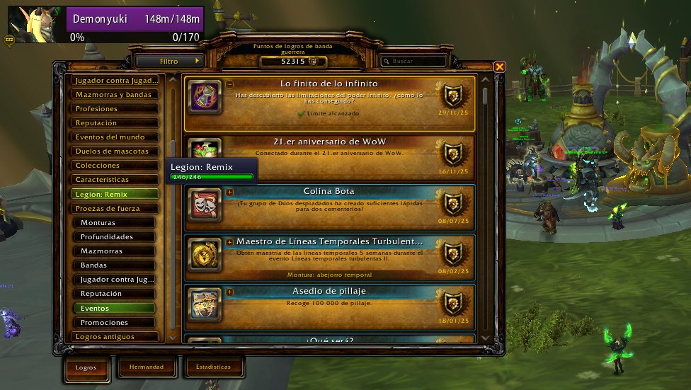 👊👊 Pues ya estaría listo, logros de Legión: Remix 246/246, más la Proeza de M+50 (y pillado todo lo que se puede comprar por Bronce). Una vuelta a Legión que he disfrutado mucho más que la de Mist of Pandaria!! 🙃🙃 #Warcraft #LegionRemix