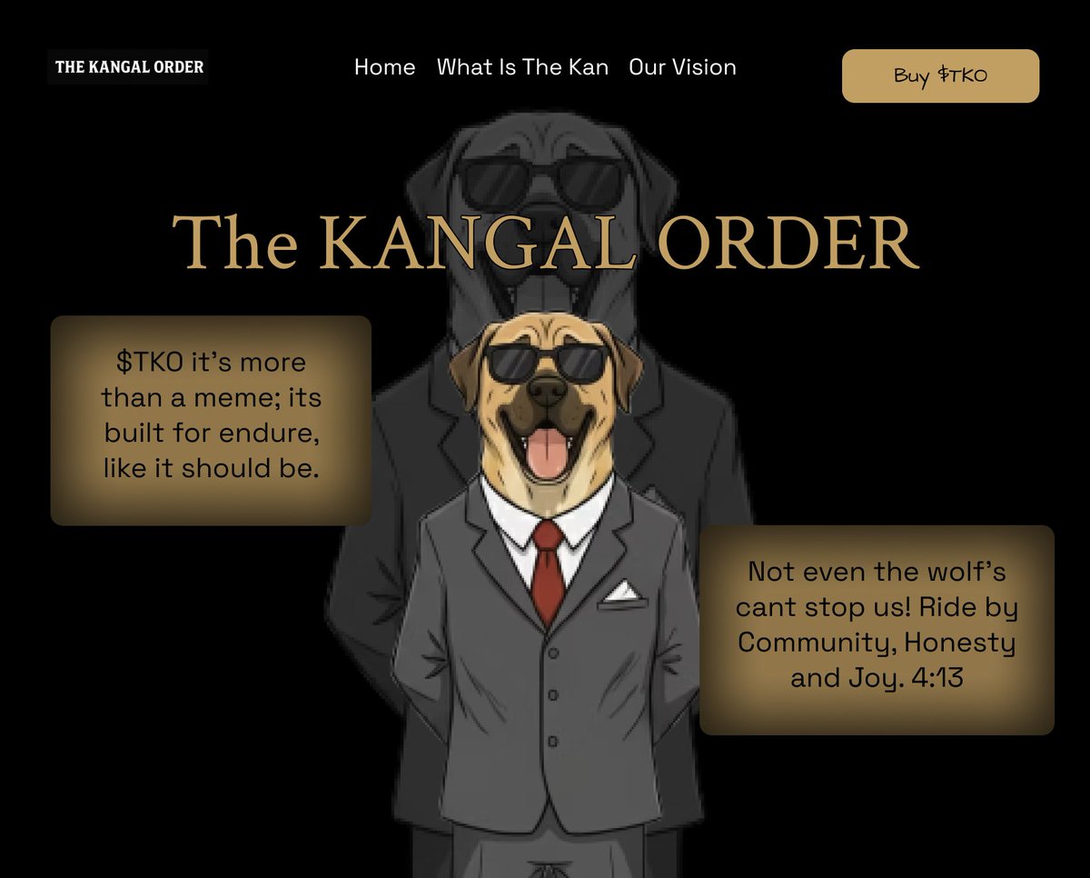 Codedhub_Studio's tweet image. Day 38 - @TheKangalOrder  Hero Revamp

THE KANGAL ORDER HAS ARRIVED

$TKO isn’t just another meme token — it’s built to endure, powered by community, honesty, and a vision bigger than the wolf at the door.

#Memes #memecoins #Ethereum #Solana #Bitcoin #uiuxinterface #MAMAAWARDS
