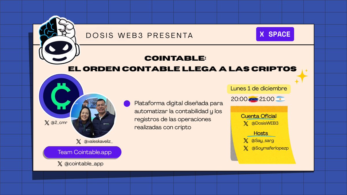 DosisWeb3's tweet image. Aunque estés en cripto, eso no te exime de tus responsabilidades contables.

Este lunes tendremos al dream team de @cointable_app 

Conversaremos de cómo automatizar reportes fiscales, cómo evitar dolores de cabeza contables y lo que traen entre manos con este gran proyecto📊