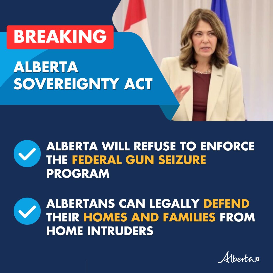 ABDanielleSmith's tweet image. BREAKING: I just announced that our government will introduce a motion under the Alberta Sovereignty within a United Canada Act next week. 

This motion will protect lawful gun owners from improper seizures and prosecution, and ensure Albertans can protect their homes, families,…