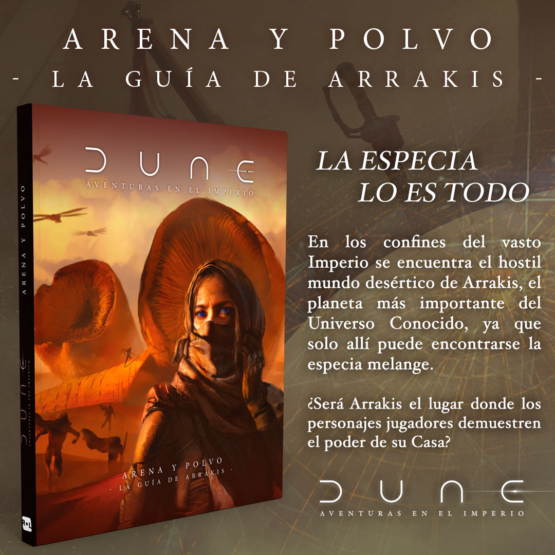 Nosolorol's tweet image. Viaja a Arrakis con #ArenayPolvo: la Guía de #Arrakis, suplemento para el #juegoderol oficial #Dune: Aventuras en el Imperio

🎲 nosolorol.com/157-dune-avent…

#SéQuienTúQuieras #Rol #MuchoRol #RPG #JuegosDeRol #TeFaltaRol #DuneMovie #Fremen #SandWorms