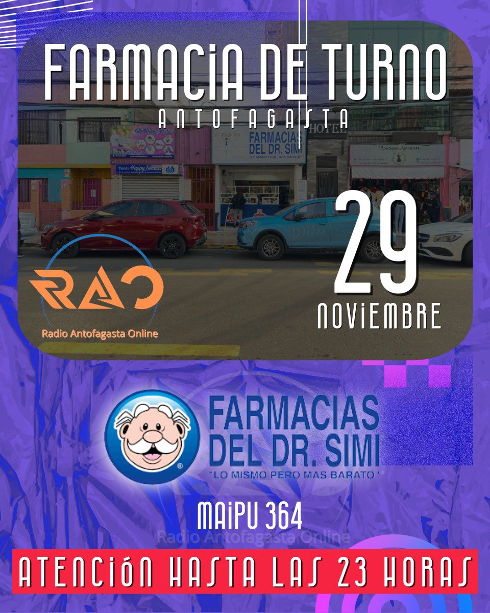 🟠 FARMACIA DE TURNO 🟠

Te informamos la #farmaciadeturno hasta las 23:00 horas de hoy sábado 29 de noviembre en la comuna de #Antofagasta.