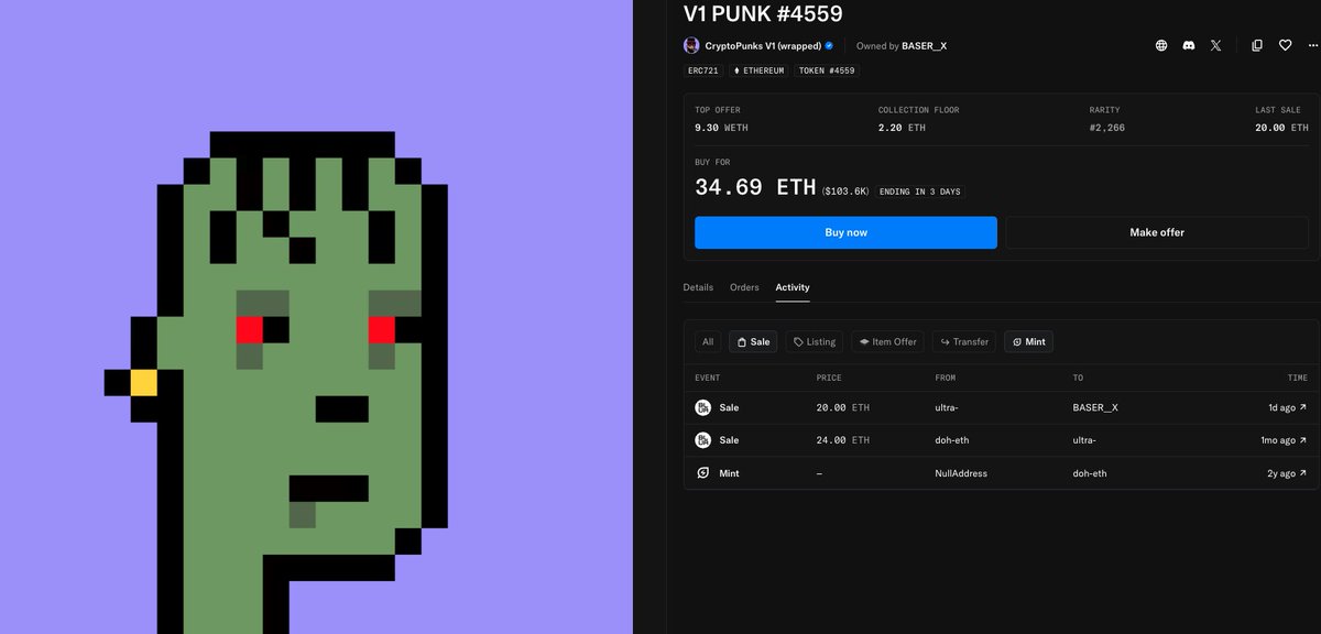 0xjack's tweet image. CryptoPunks V1 are up 40%+ this week, with the floor hitting 2.2 ETH and a rare Zombie selling for 20 ETH. 

@punkreserve also launched $PUNKSR, now at a 580k market cap with 3 V1 Punks accumulated so far.
