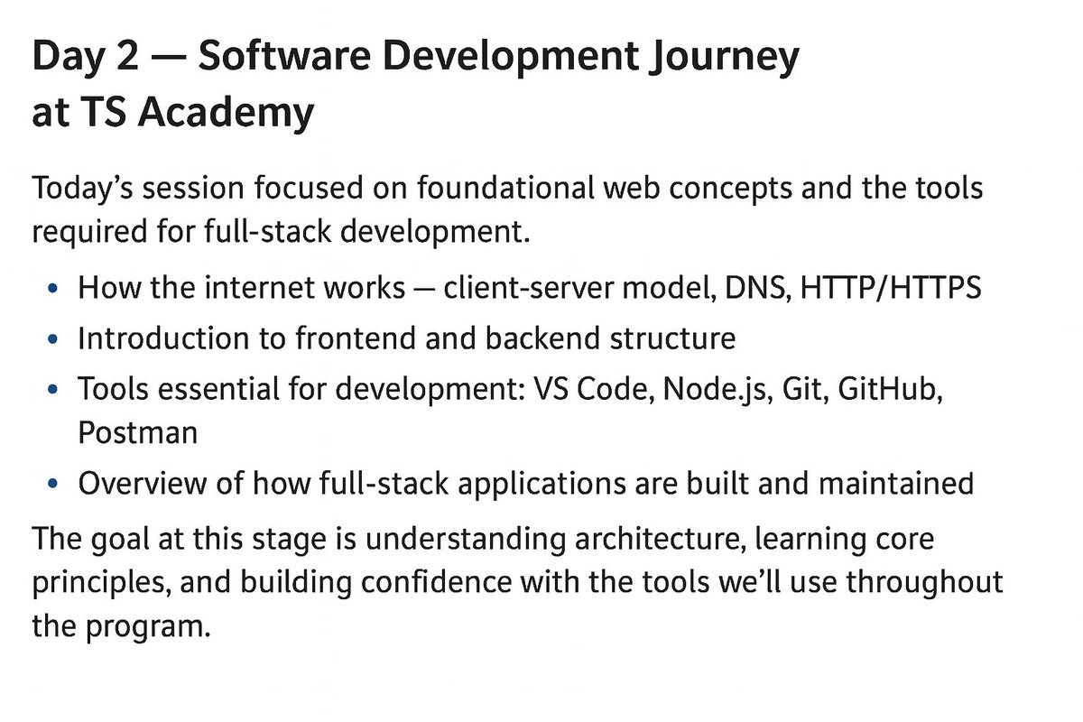 Bright_nsk's tweet image. Day 2 of my Software Development journey at @TSAcademyOnline

We covered how the internet works (client–server model, HTTP/HTTPS, DNS) and the fundamentals of full-stack development.

#TSAcademy #SoftwareDevelopment #FullStackDev #TechBasics #LearningInPublic #DigitalSkills