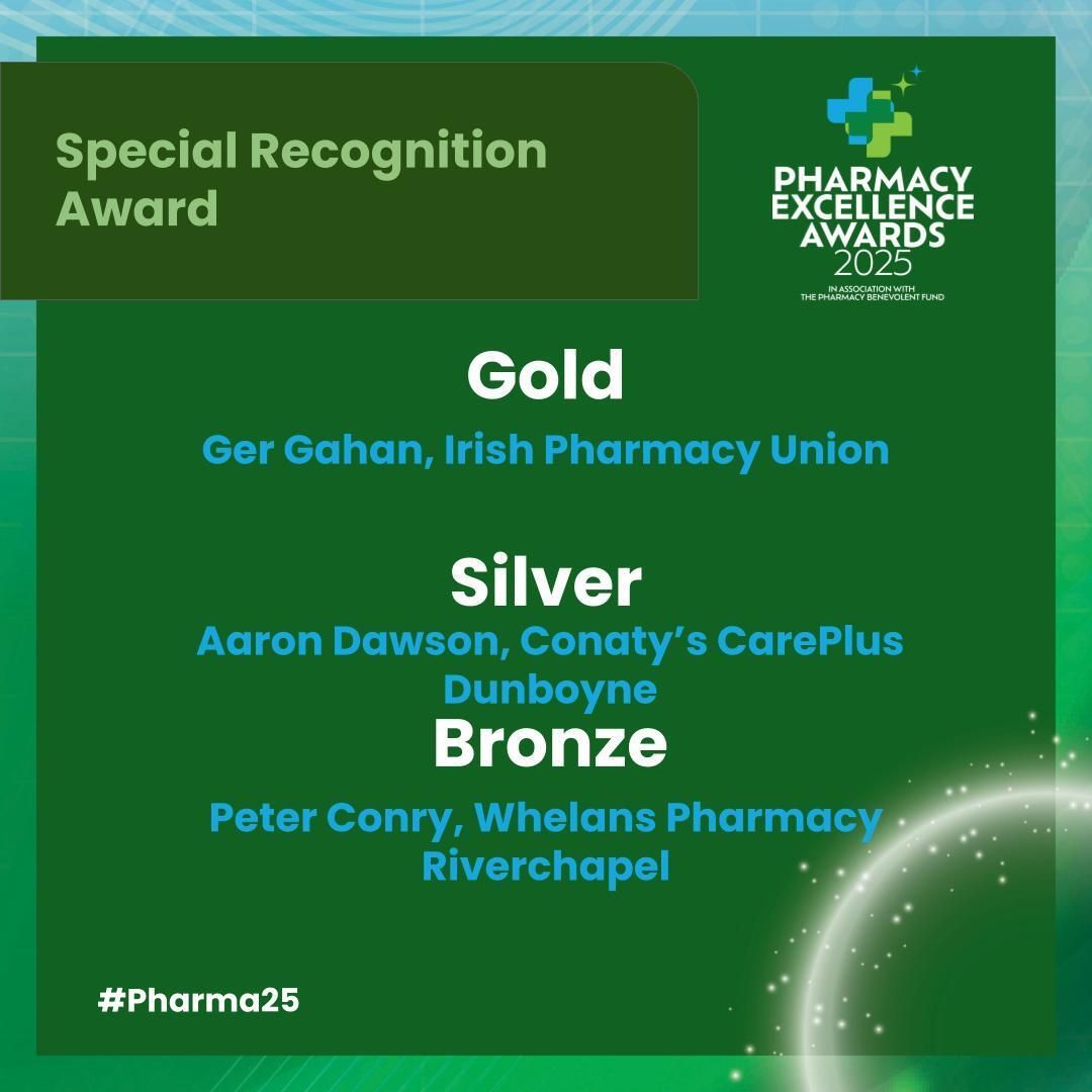 PharmExcellence's tweet photo. Winners of Special Recognition Award

Gold: @IrishPharmacy 
SIlver: @CarePlusIreland 
Bronze: Peter Conry, Whelans Pharmacy Riverchapel

For full list of finalists, click the link in our bio! 
#Pharma25 https://t.co/L5uLDaiJEz