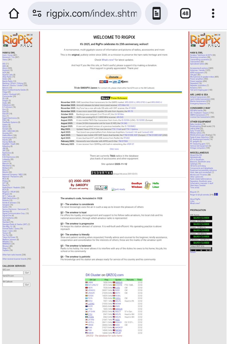 RIGPIX Data Base 📻🎙️📡
A no-nonsense, multi-gigabyte source of information and pictures of radios, accessories and more
This is the original, publicly online since 2000, on a mission to preserve the ham radio heritage and more
rigpix.com/index.shtml