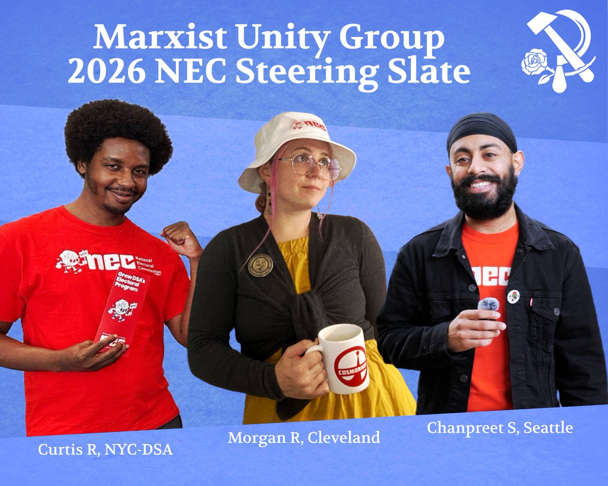 Vote MUG 1-2-3 for <a href="/DsaElectoral/">DSA National Electoral Commission</a> Steering Committee!

Morgan, Chanpreet and Curtis are running for re-election on a four point platform to continue building nationwide struggle through programs like Socialist Cash Takes Out Capitalist Trash 🍻