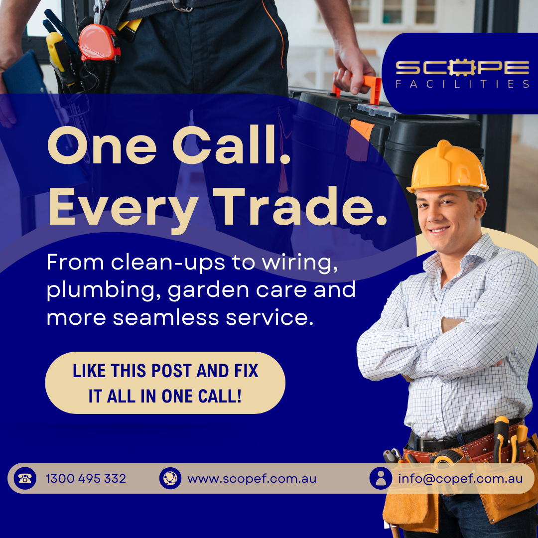 au_scope's tweet image. One team, all trades. ✨ Cleaning, plumbing, electrical, gardening &amp;amp; carpentry seamless service without the hassle of multiple bookings. 

#AllTradesOneTeam #FacilityMaintenance #OneStopService #CommercialPropertyCare #AussieBusinesses #TrendingNow #ReelsBoost #MaintenanceExperts