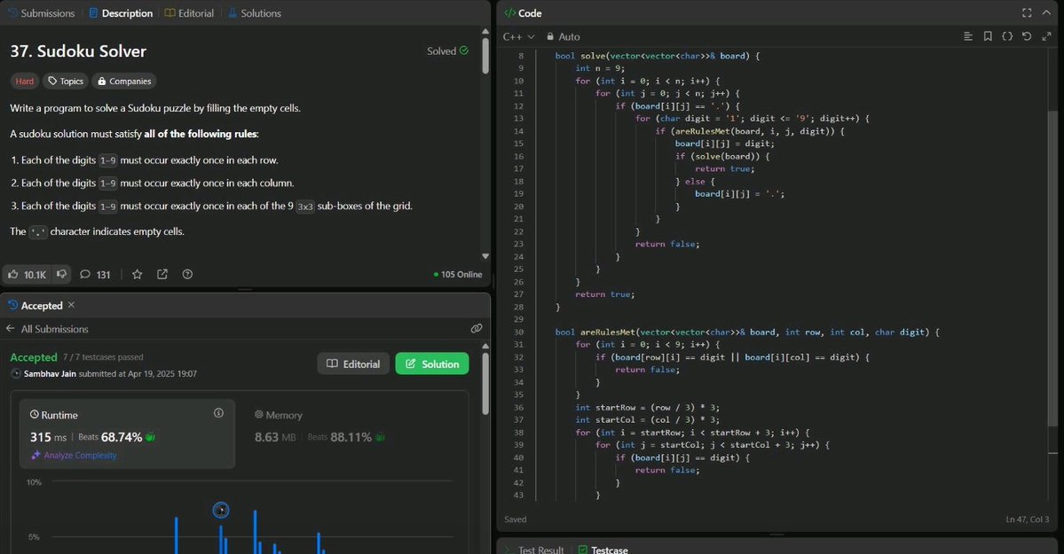 jsambhav5's tweet image. #Day424 of #500DaysOfDSA

Topics and Learnings: #Recursion

Problems Re-revised:
44. #LeetCode #37 : Sudoku Solver

Approach:
Used Recursion to solve this

Complexity Analysis:
TC: (9^(N*N))
SC: O(N)