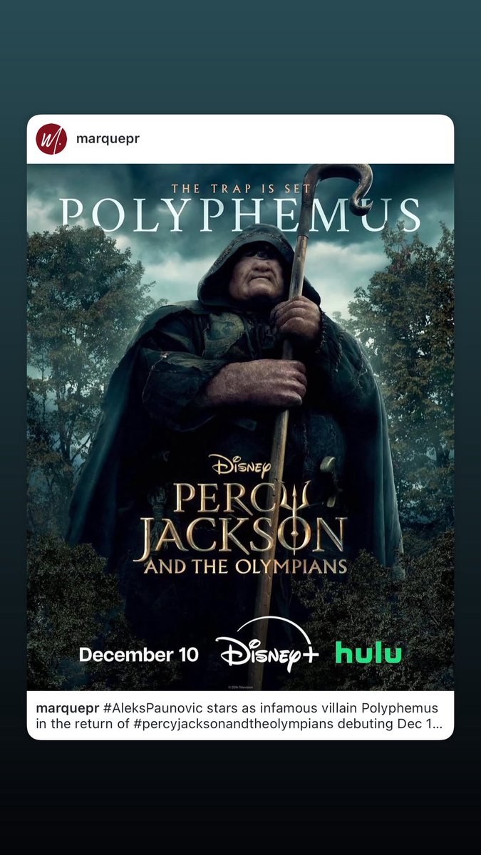 alekspaun's tweet photo. Dec 10th on @DisneyPlus and @hulu get ready for S2 of @PercySeries and how they handle me as #POLYPHEMUS! I got my eye on you! (See what I did there?) https://t.co/z56oZqb9MG