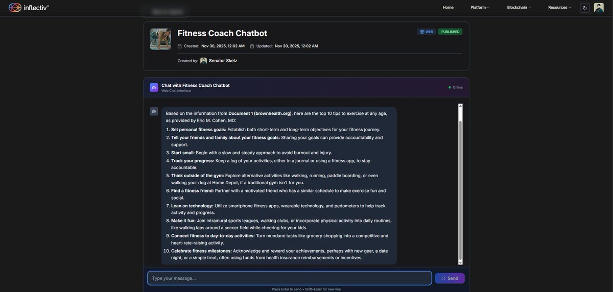 UsoroEmmanuel's tweet image. Just wrapped up an epic adventure 😀🤩

I built a Fitness Coach Chatbot from scratch using @inflectivAI Kepler, turning raw ideas into a smart, structured dataset with ease. 

With the #dataset ready, I brought my chatbot to life—watching it answer questions and guide users like…