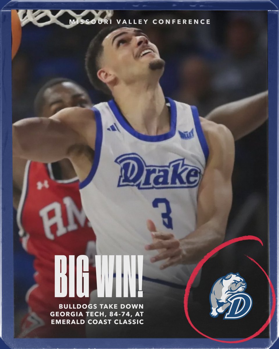 MVCsports's tweet image. BIG WIN❗️

@DrakeBulldogsMB knocks off Georgia Tech in the Emerald Coast Classic.

Drake 84
Georgia Tech 74

#TheValleyRunsDeep