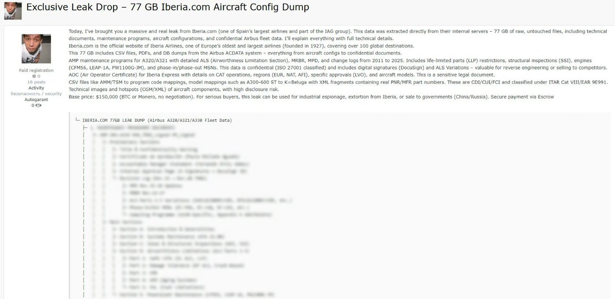 elhackernet's tweet image. Los 77Gb robados a Iberia

Documentos técnicos, programas de mantenimiento, configuraciones de aeronaves y datos confidenciales de Airbus

Archivos CSV, PDF y BD sistema ACDATA de Airbus

Firmas digitales (DocuSign) y variaciones de SLA

Certificado de Operador Aéreo (AOC)