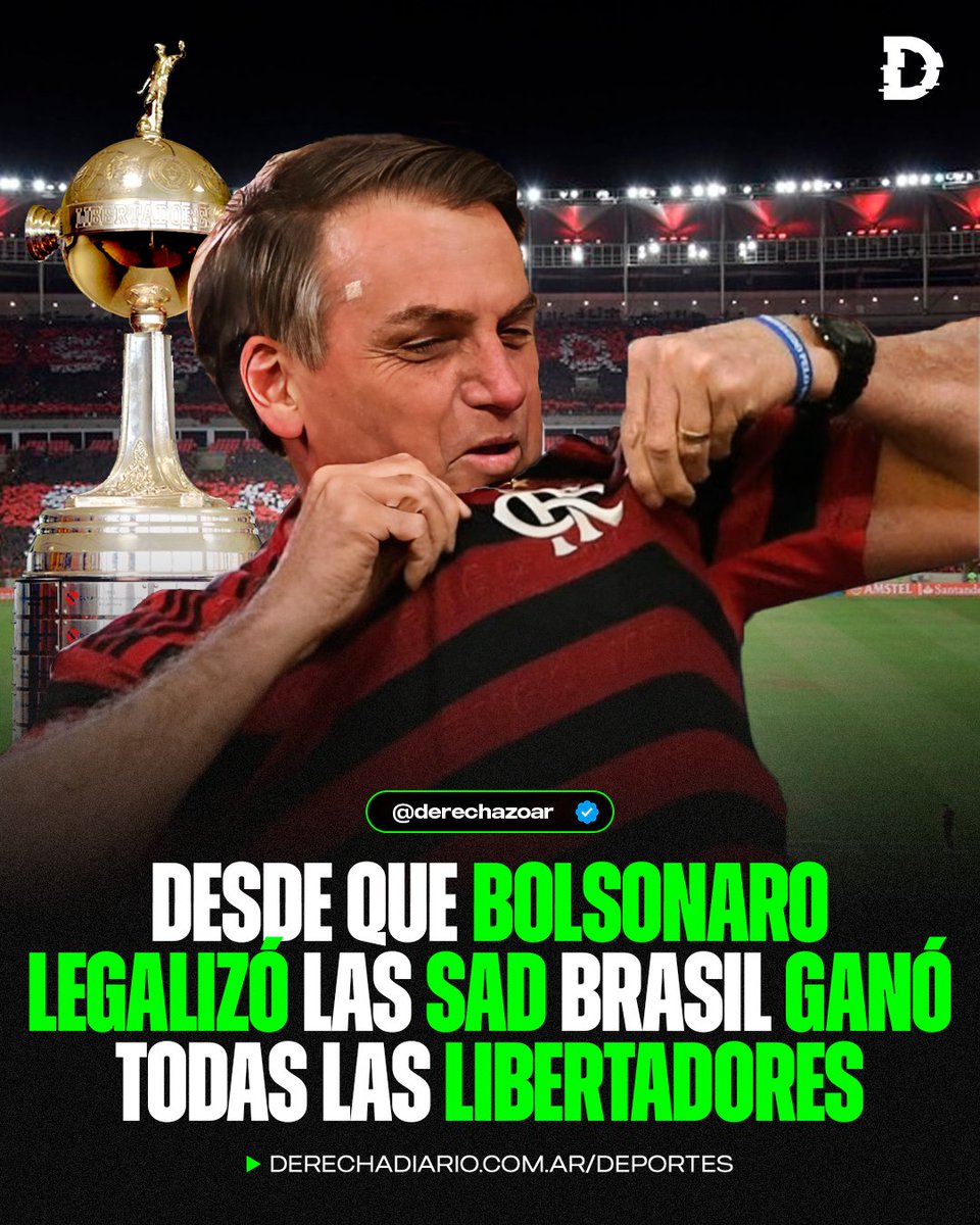 🇧🇷 Desde que Bolsonaro desreguló el fútbol y legalizó las SAD en 2021, el fútbol brasileño se volvió mucho más competitivo y ganaron TODAS las Libertadores.

🏆 2021: Palmeiras
🏆 2022: Flamengo
🏆 2023: Fluminense
🏆 2024: Botafogo
🏆 2025: Flamengo
