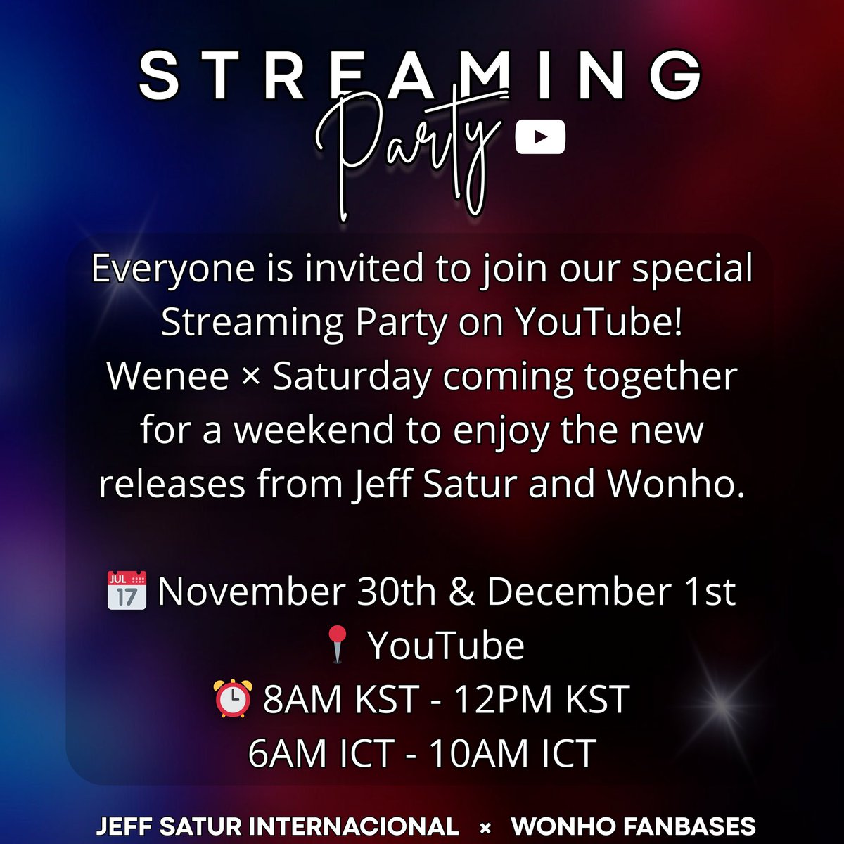 📢YouTube ストリーミングパーティー始まりました！

✨WENEE x Saturdays✨

タイの人気アーティストである Jeff SaturさんのファンダムとコラボしたYouTubeストリーミングパーティー✨
2人のMVを視聴お願いします😊

🗓️11/30(日)  8:00am~12:00pm
      12/1   (月)  8:00am~12:00pm

 IF YOU WANNA