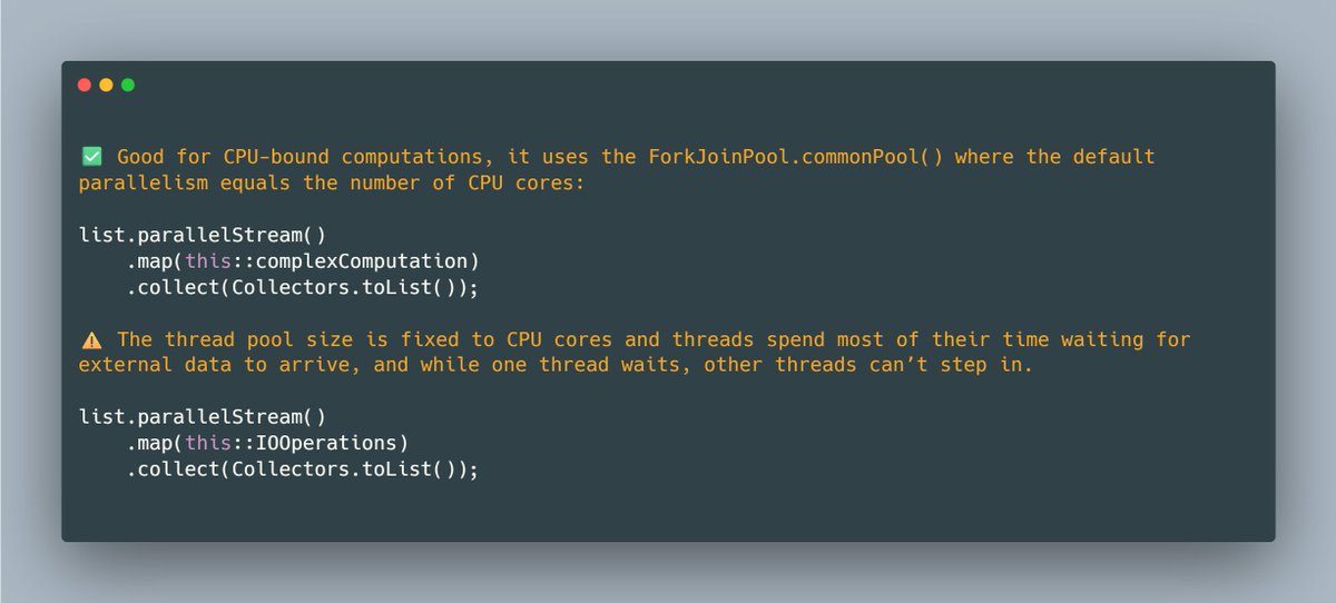 mario_casari's tweet image. 💡 Java tip: Use parallelStream() with care. It&apos;s ideal for CPU-intensive tasks, not I/O operations.
#Java #JavaDev