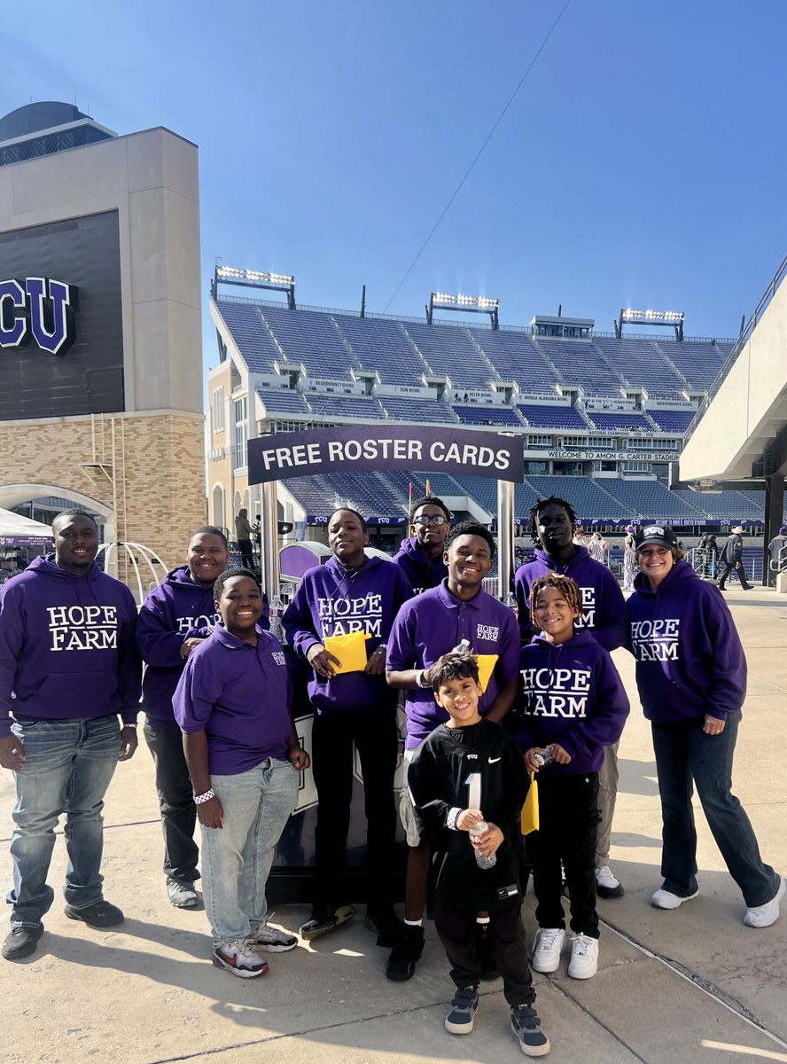HopeFarmInc's tweet image. We’re incredibly grateful to @tcuathletics for allowing Hope Farm to serve at the home football games this season! 💜🐸 Thank you, TCU, for opening the door for our boys to shine! 🏈✨