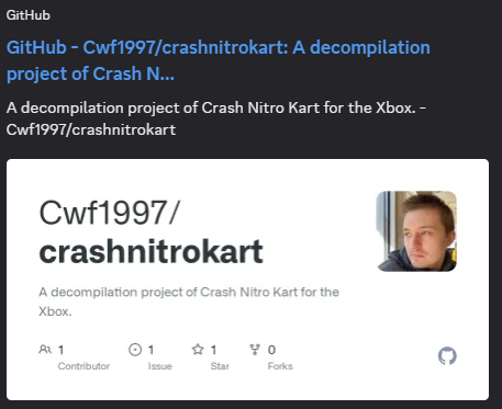 Van a decompilar el CNK para pc ahhh me encanta! Ojalá el proyecto salga bien, además lo harán con la versión de Xbox que es una de las mejores (buenos efectos y detallitos... y su pantalla de carga es rápida a diferencia de la de ps2) que tengan éxitos!
github.com/Cwf1997/crashn…
