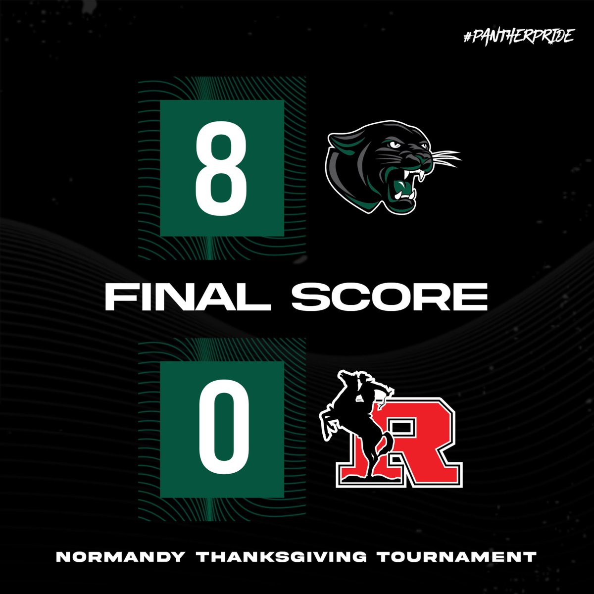 Panthers advance to the Normandy Thanksgiving Tourney final!
Charlie Grimes had 4G/1A in the win over Kent Roosevelt. Brown, Anastasiadis, Sedivec &amp; Cleary scored. Shebak &amp; Cleary had 2A. Morris with a 12-save shutout (his 2nd).
Final tomorrow, 6 p.m.