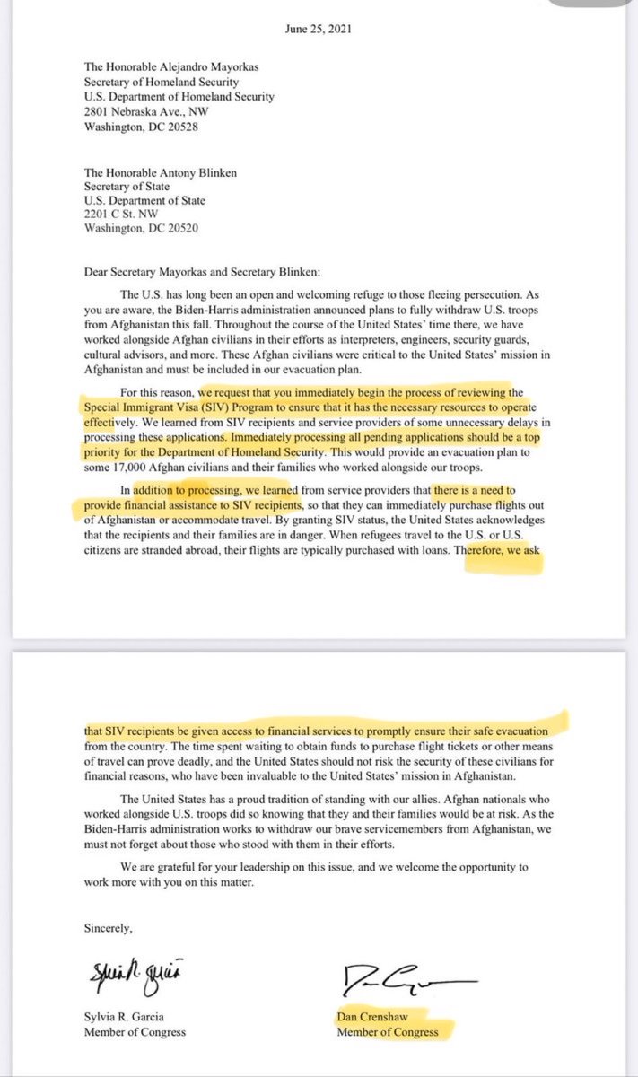 KennethRWebster's tweet image. Dan Crenshaw wrote a letter asking the federal government to speed up the importation of Afghan nationals