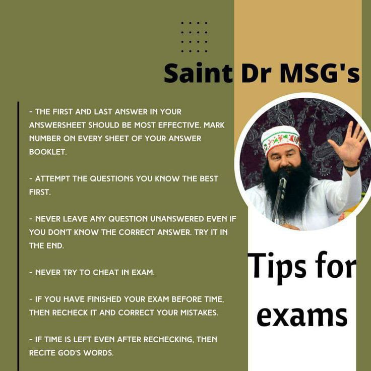 NavneetKaur1567's tweet image. If students follow the right strategy for study they will definitely get success in life. Saint Gurmeet Ram Rahim Ji shares many #SmartStudyTips with learners,by following them students can enhance their performance in studies &amp;amp; achieve their goals easily.🙌💫

Tips For Exams!👇